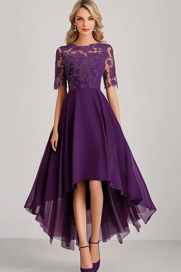 Dentelle Une Ligne Violette Mère de la Mariée Robe À Manches Courtes